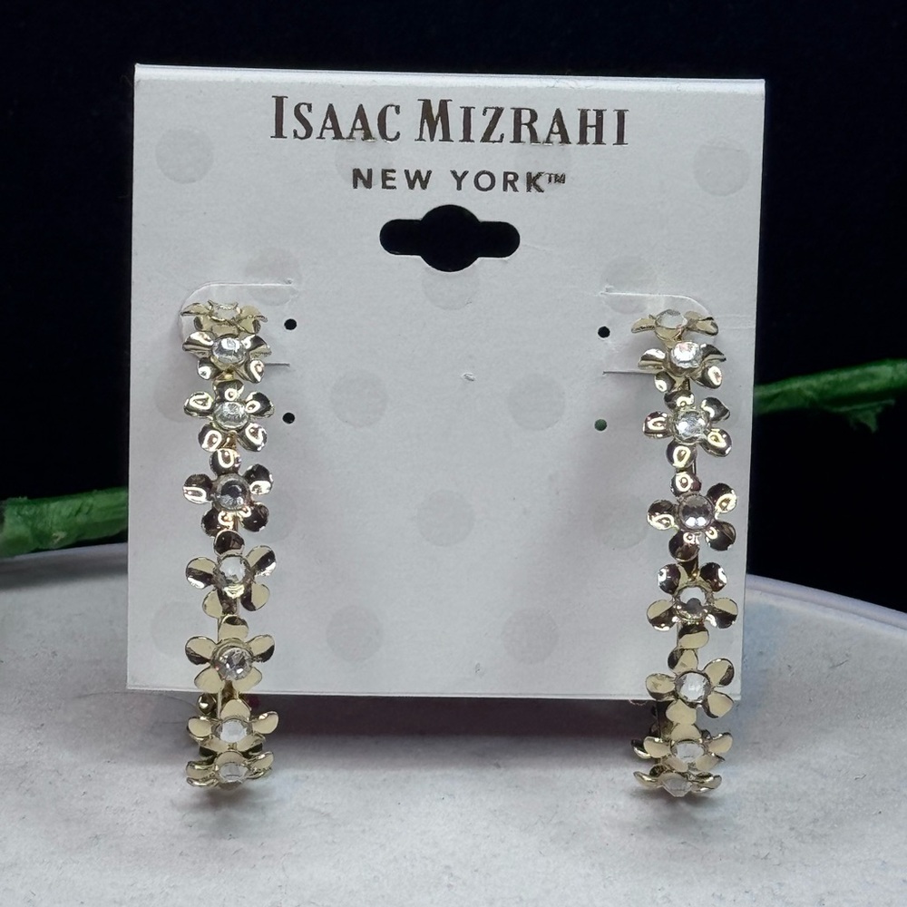 ISAAC MIZRAHI Gold Tone 2” Open Crystal Flower Hoop Post Earrings